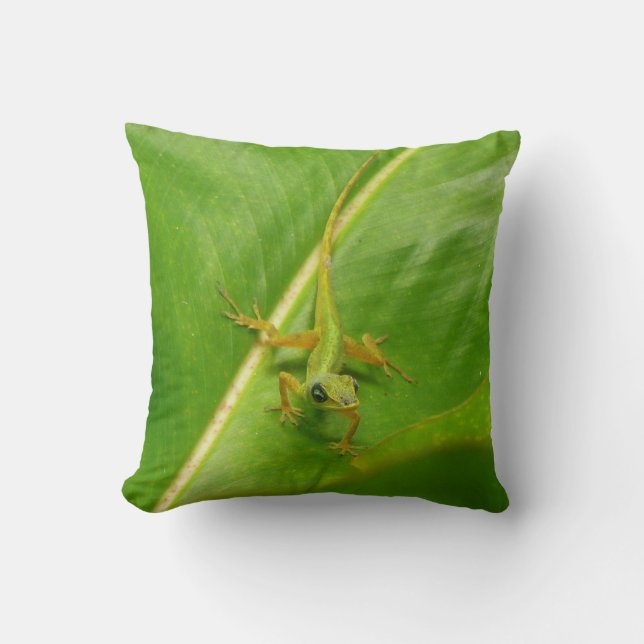 Green Lizard on Green Leaf Throw Pillow (Front)