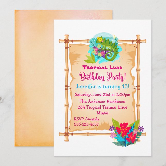 Green Lizard Tropical Luau Birthday Invite (Front/Back)