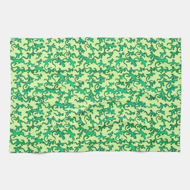 Green lizards on a lime green background towel (Horizontal)