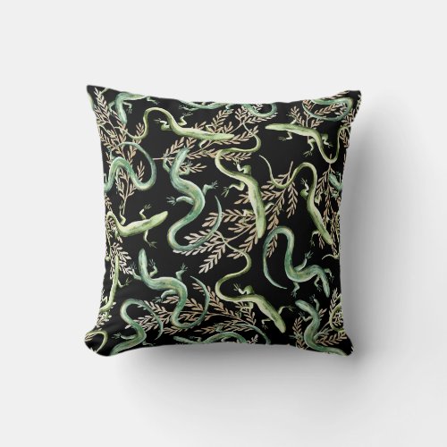 Green lizards yellow ferns floral black ground on  throw pillow