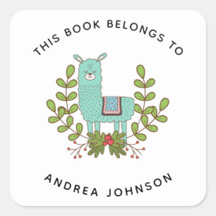 Green Llama Cute Funny Animal Kid's Name Bookplate