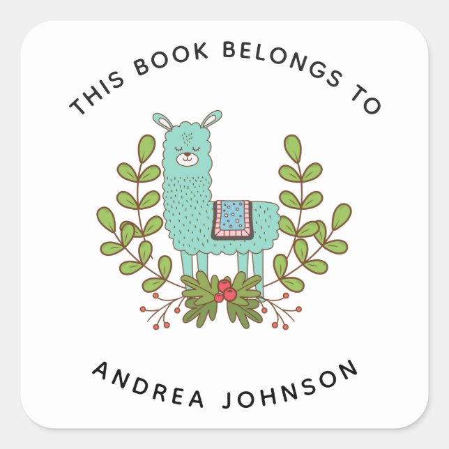 Green Llama Cute Funny Animal Kid's Name Bookplate (Front)