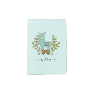 Green Llama Cute Funny Animal Kid's Name Passport Holder