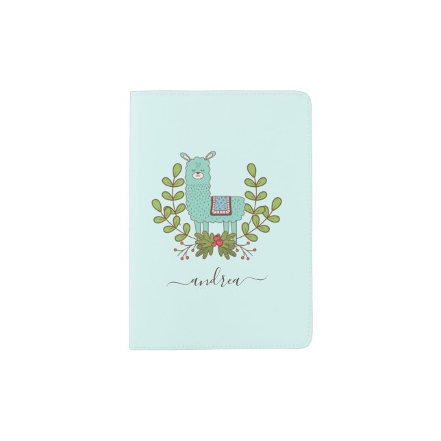 Green Llama Cute Funny Animal Kid's Name Passport Holder (Front)