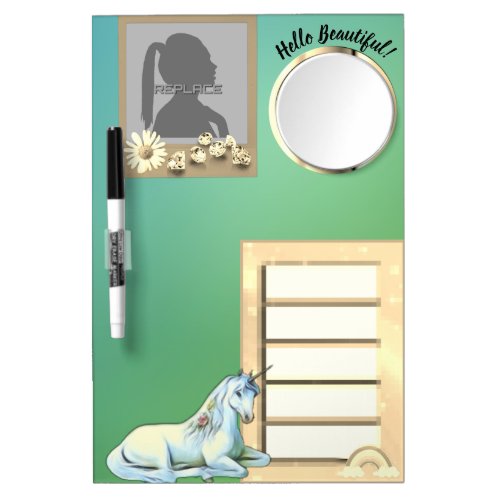 Green locker memo with photo write on dry erase board with mirror