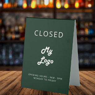 Green logo business open closed table tent sign