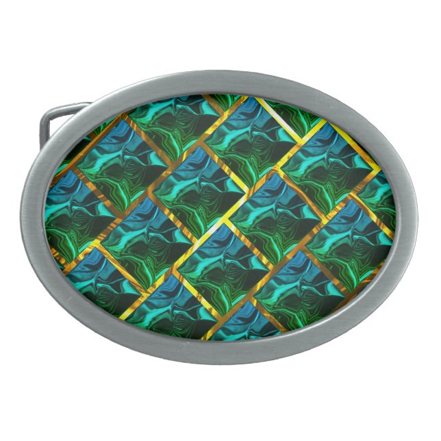 Green looks emerald, under gilt grid? belt buckle (Front)