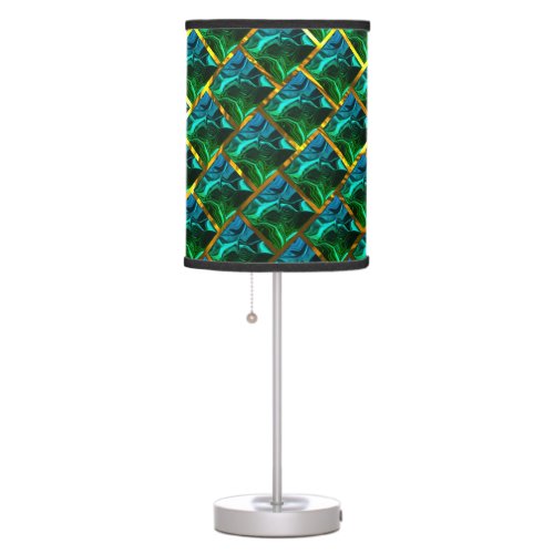 Green looks emerald under gilt grid table lamp