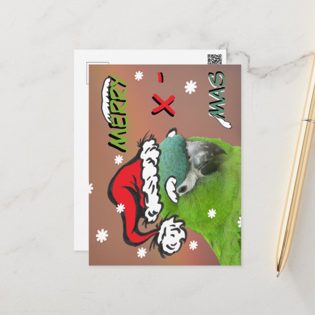 Green Lorikeet Santa Christmas Postcard (Front/Back In Situ)