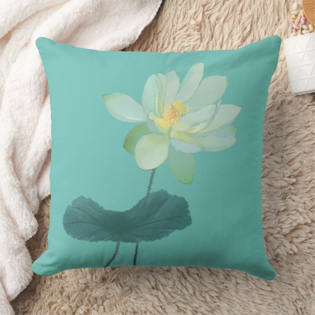 Green Lotus Flower Asian Inspired Throw Pillow (Blanket)
