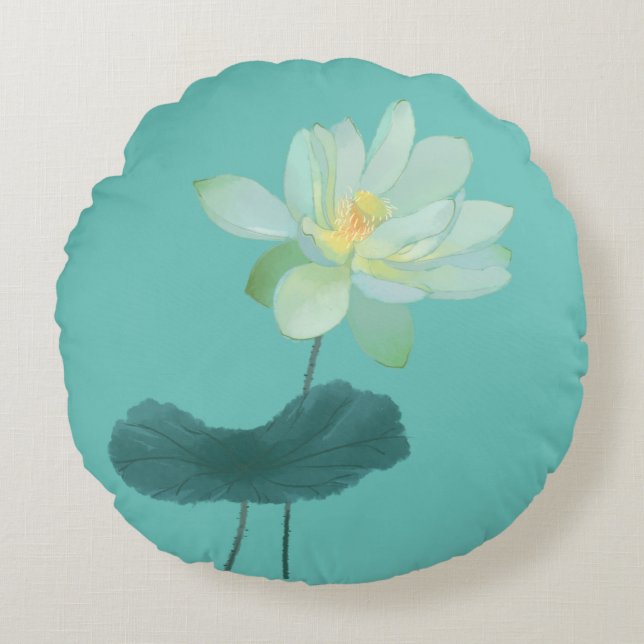 Green Lotus Flower Asian Inspired Throw Pillow (Front)