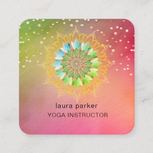 Green Lotus Flower Elegant Yoga Meditation Rainbow Square Business Card