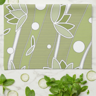 Green Lotus Flowers on Olive Stripes Towel