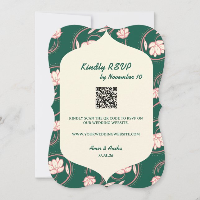 Green Lotus Lanterns Indian Wedding RSVP Card (Front)
