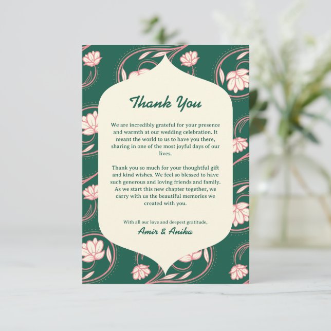Green Lotus Lanterns Indian Wedding Thank You Card (Standing Front)
