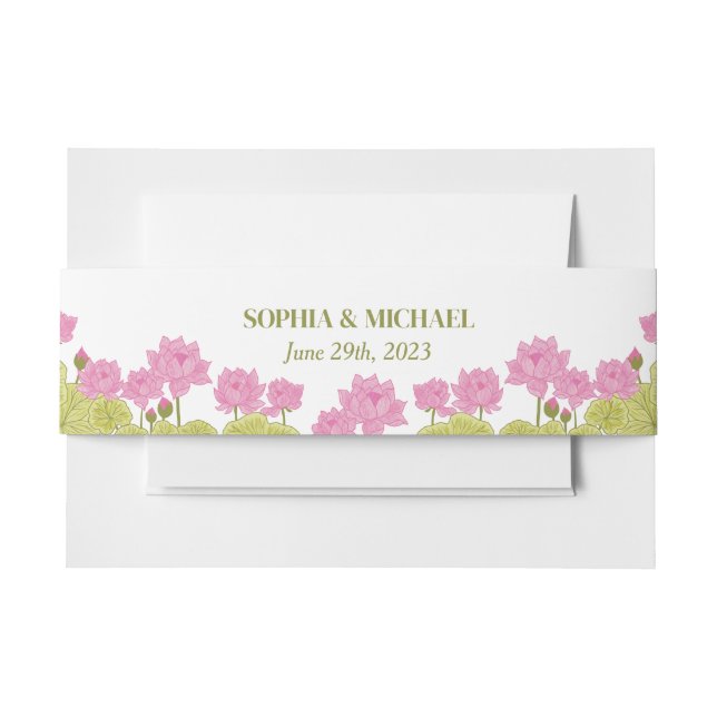 Green Lotus Lily Flowers Wedding Indian Invitation Belly Band (Front Example)