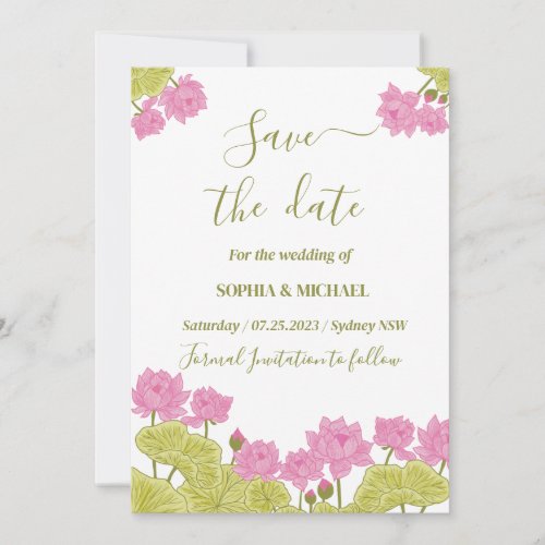 Green Lotus Lily Flowers Wedding Indian save date Invitation