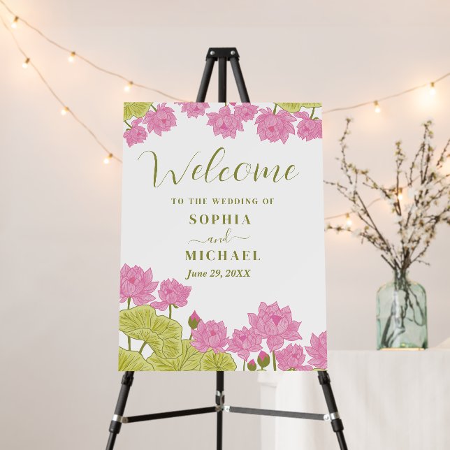 Green Lotus Lily Flowers Wedding Welcome Foam Board (In Situ (Stand))