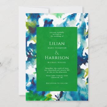 Green Love Abstract Watercolor Wedding Invitation by All_about_Wedding at Zazzle