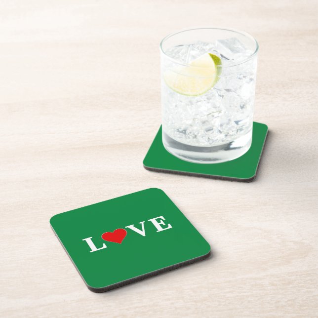 Green LOVE Heart Retro Timeless Elegant Beverage Coaster (Right Side)