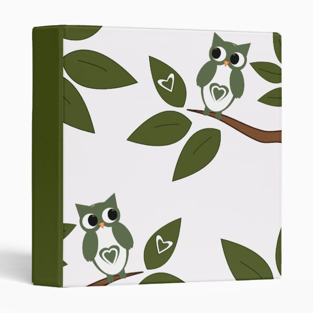 Green Love Owl In Tree 3 Ring Binder (Front/Spine)