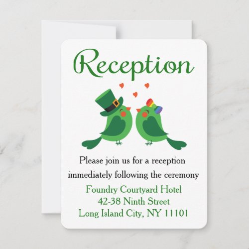 Green Lovebirds Shamrock Wedding Reception Card