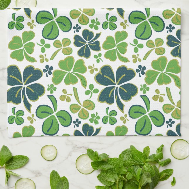 Green Lucky 4 Leaves Shamrocks Clover Pattern Kitchen Towel (Folded)