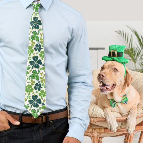 Green Lucky Clover 4 Leaves Shamrock Pattern Neck Tie