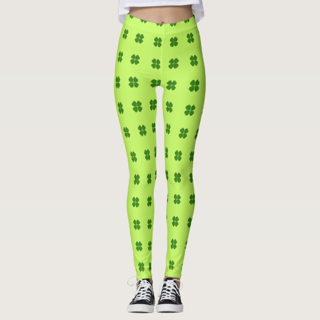 Green Lucky Clover Pattern St Patrick's Day Leggings (Front)