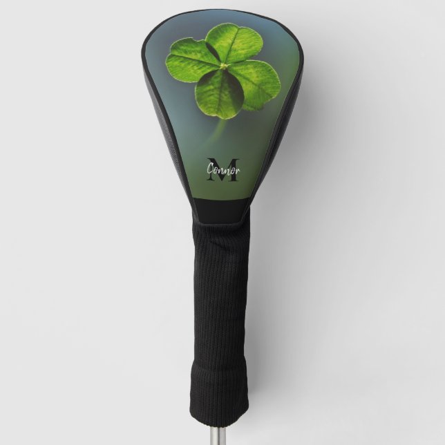 Green Lucky Clover Shamrock Name and Monogram Golf Head Cover (Front)