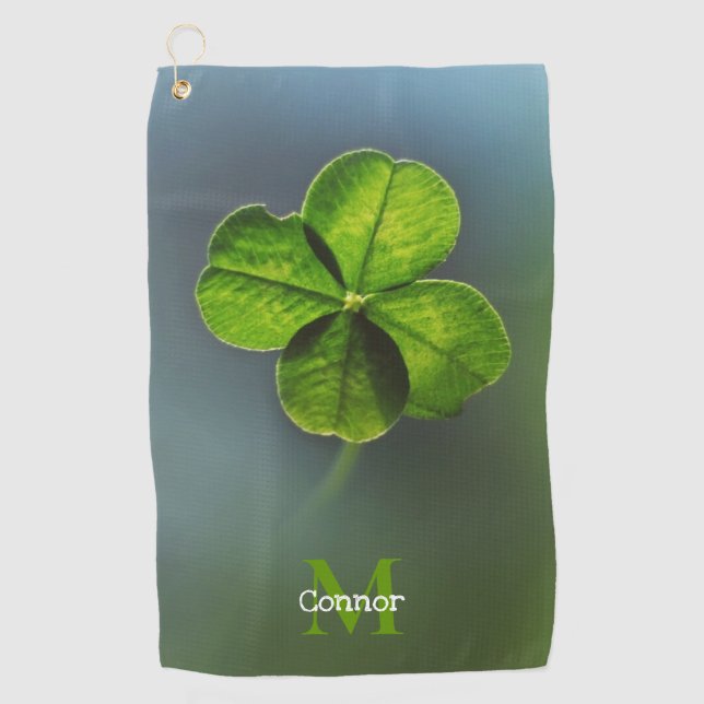 Green Lucky Clover Shamrock Name and Monogram Golf Towel (Front)