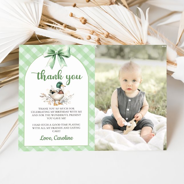 Green Lucky Duck Boy Birthday Photo Thank You Card (Creator Uploaded)