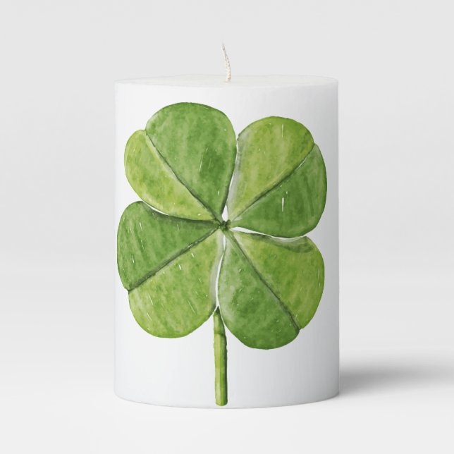 Green lucky Four-leaf clover Shamrock hand painted Pillar Candle (Front)