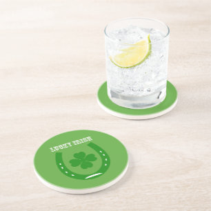 Green Lucky Horseshoe with 4 leaf shamrock Drink Coaster