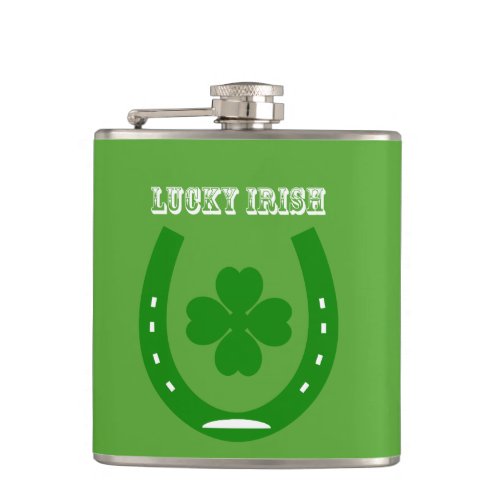 Green Lucky Horseshoe with 4 leaf shamrock Hip Flask