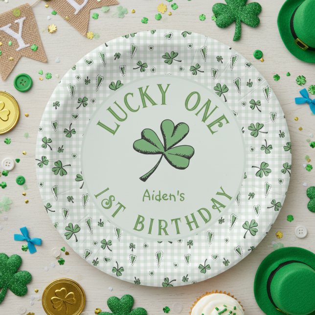 Green Lucky One Irish 1st Birthday Paper Plates (Lucky One Green Shamrock Four Leaf Clover 1st Birthday Paper Plates. Irish St Patrick's Day Party)