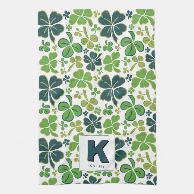 Green Lucky Shamrock Clover Pattern Monogrammed Kitchen Towel (Vertical)