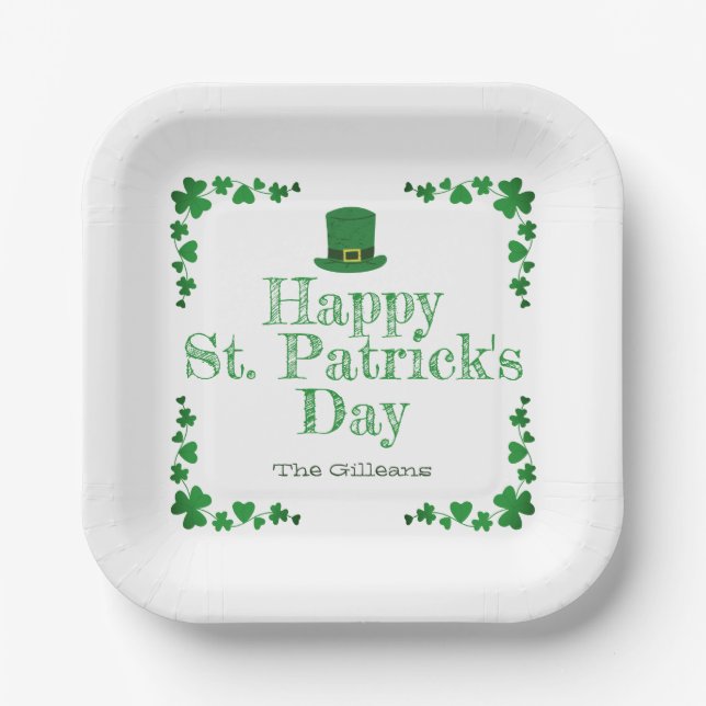 Green lucky Shamrock horseshoe St. Patrick's Day Paper Plates (Front)