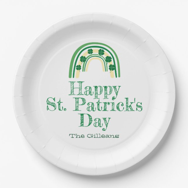 Green lucky Shamrock horseshoe St. Patrick's Day Paper Plates (Front)