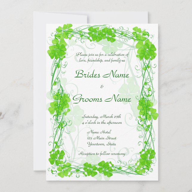 Green Lucky Shamrock Wedding Invitation (Front)