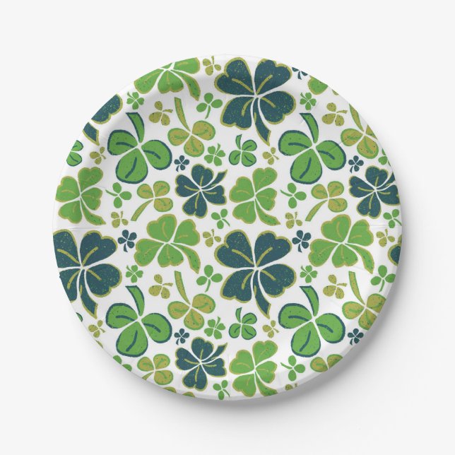 Green Lucky Shamrocks Clover St. Patrick`s Day  Paper Plates (Front)
