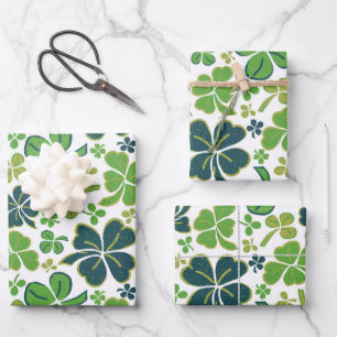 Green Lucky Shamrocks Clover St. Patrick`s Day Wrapping Paper Sheets