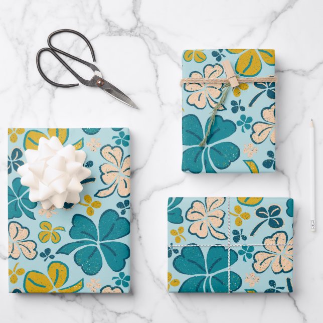 Green Lucky Shamrocks Clover St. Patrick`s Day Wrapping Paper Sheets (Front)