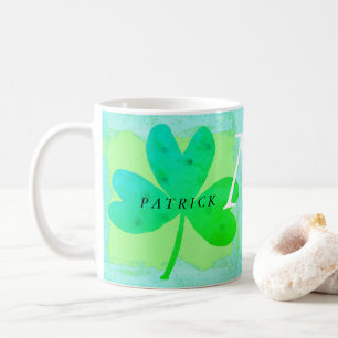 Green Lucky Three Leaf Clover Monogrammed Coffee Mug