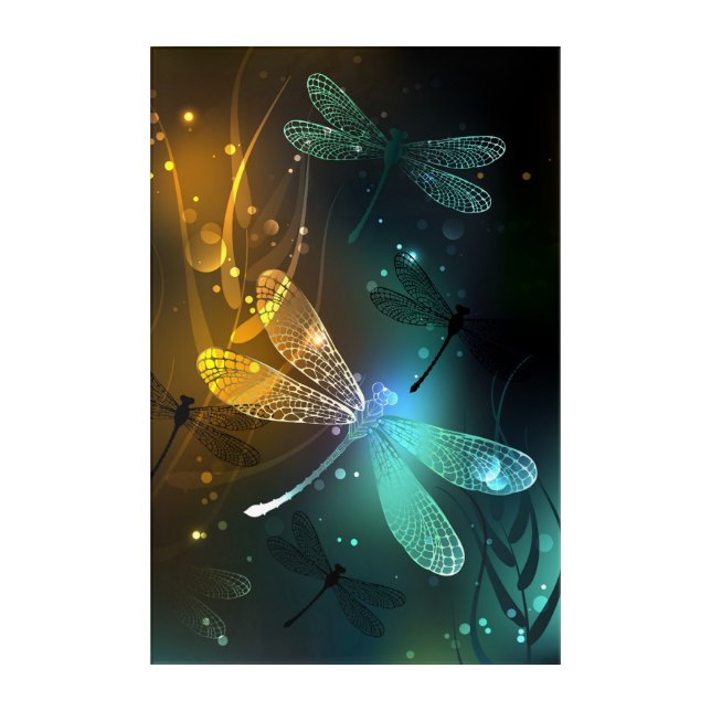 Green luminous dragonfly flight acrylic print (Front)