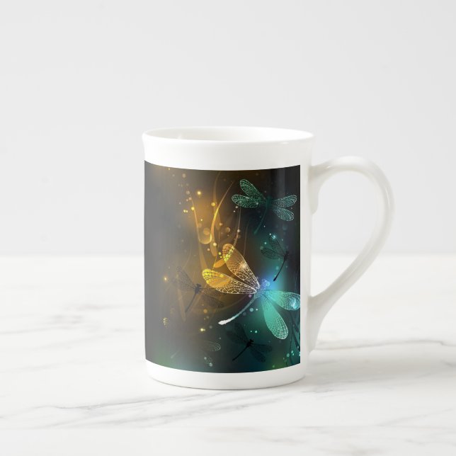 Green luminous dragonfly flight bone china mug (Right)