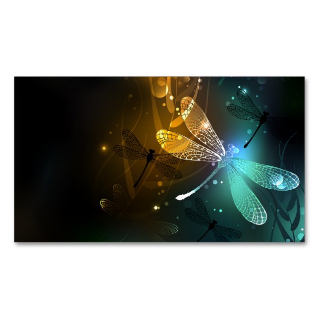 Green luminous dragonfly flight business card magnet (Front)