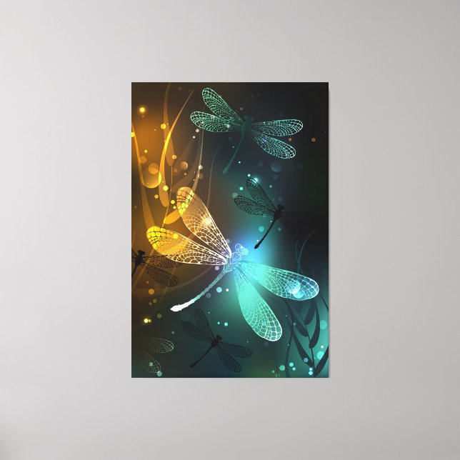 Green luminous dragonfly flight canvas print (Front)