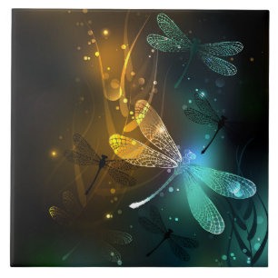 Green luminous dragonfly flight ceramic tile
