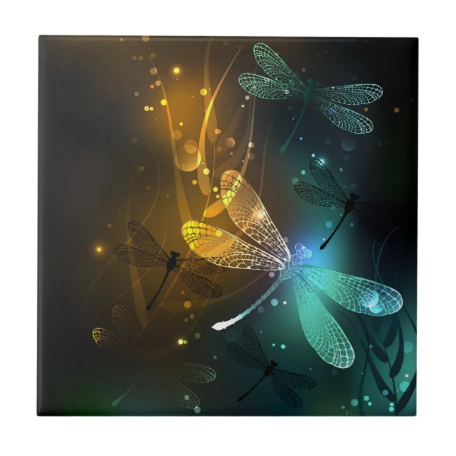 Green luminous dragonfly flight ceramic tile (Front)